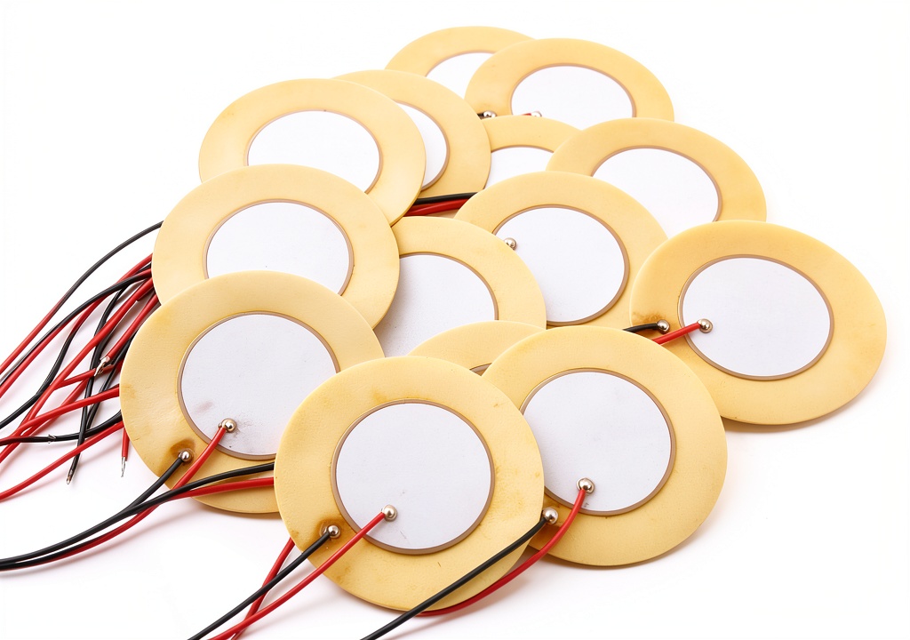 Audiowell brass piezo transducer with 41mm diameter and 100mm leads